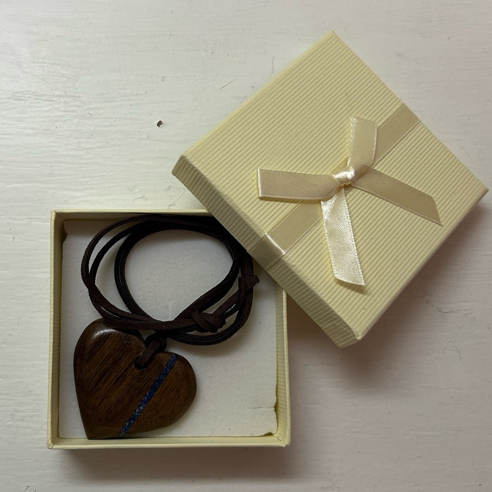 Heart Shaped Necklace Made From Walnut Wood and  Lapis Stone from the UK